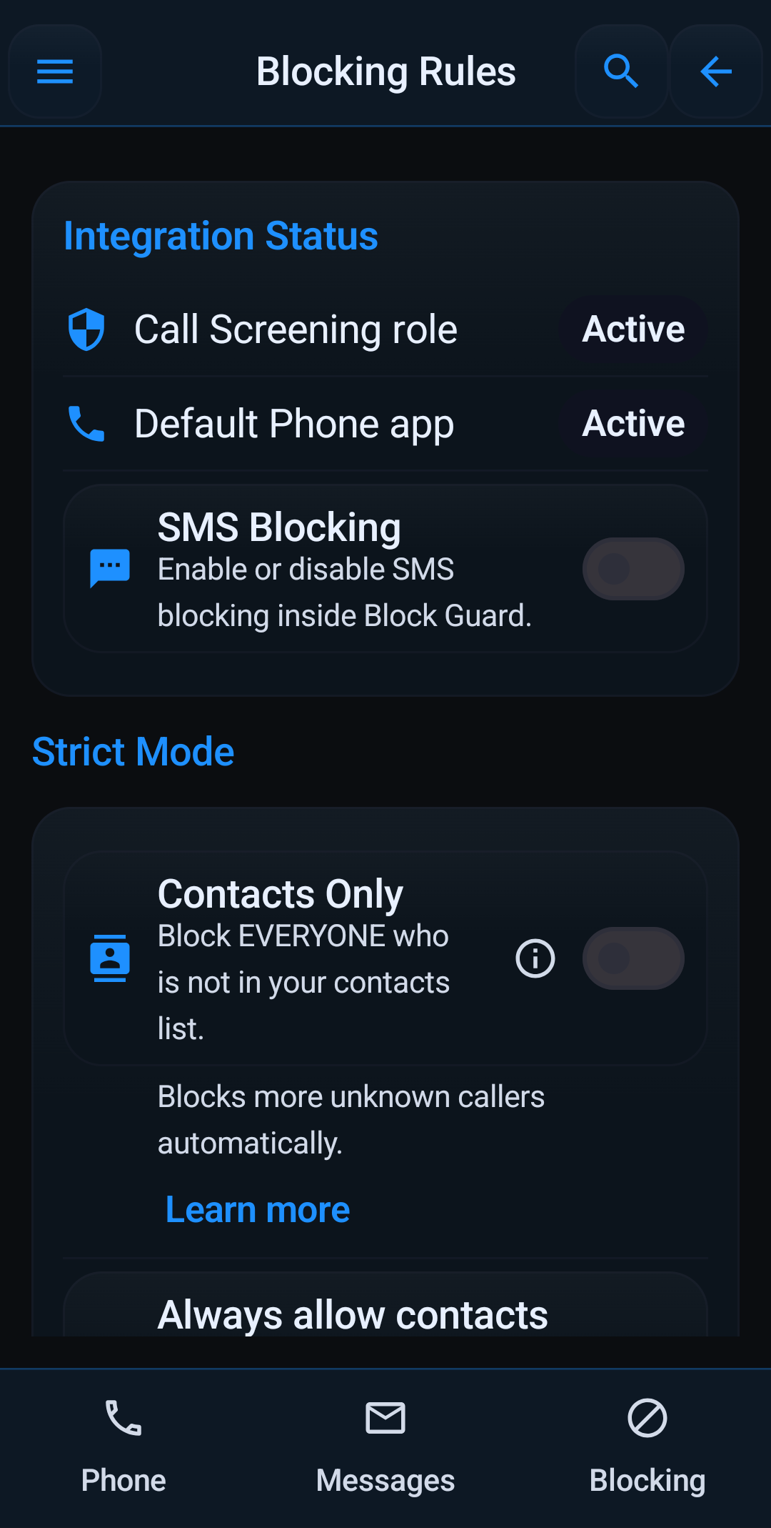 Block Guard integration status and strict mode settings